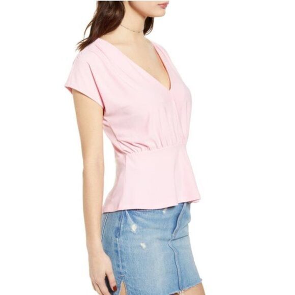 Leith Pink V Neck Short Sleeve Peplum Top size S - Picture 1 of 8